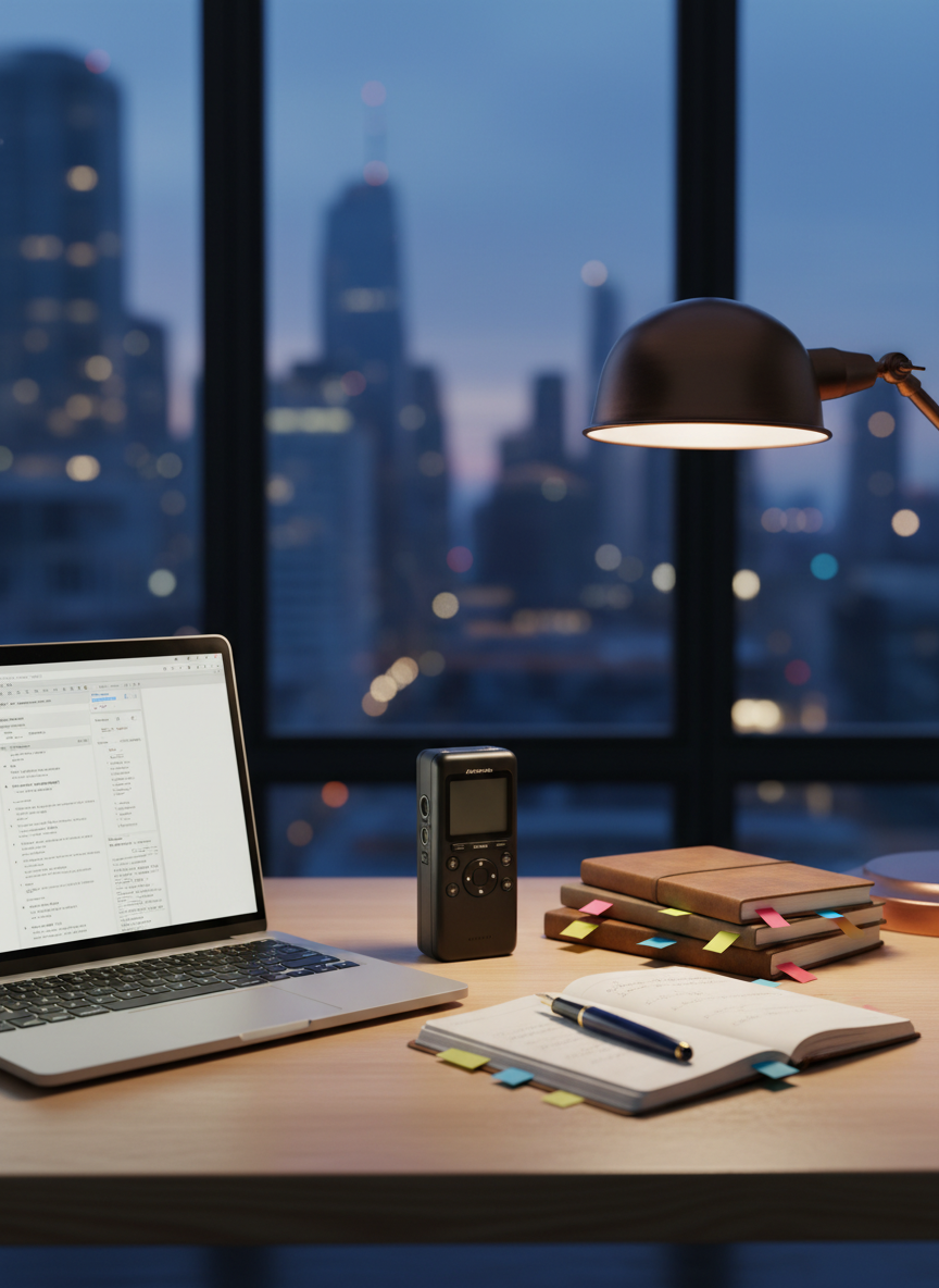 A refined newsroom-inspired desk setup features an open laptop with a clean text document in a structured layout, a high-quality digital voice recorder, a small stack of neatly annotated notebooks with colored sticky tabs, and a classic fountain pen resting on top. The desk is a smooth, light oak surface with a subtle grain, placed near a large window overlooking a softly blurred city skyline at dusk. Cool blue ambient light from outside blends with a warm desk lamp, creating a balanced, thoughtful atmosphere. Photographic realism at an eye-level, rule-of-thirds composition emphasizes clarity, structure, and professional journalism, with a medium depth of field keeping all key storytelling tools in sharp focus.