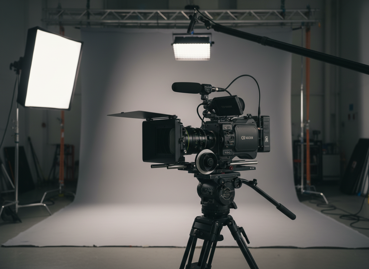 A professional video camera with a matte box, shotgun microphone, and follow-focus system is mounted on a sturdy tripod in an empty studio, all finished in muted blacks and dark greys with subtle metallic accents. In the background, a large, softly lit neutral backdrop and a boom arm with a suspended light form a controlled shooting environment. The key light is a large softbox casting smooth, flattering illumination on the backdrop while creating defined, technical shadows on the camera body. The mood is serious, cinematic, and disciplined. Photographic realism, framed in a three-quarter side view at eye level, with shallow depth of field isolating the camera as the central instrument of visual storytelling for documentaries and television.