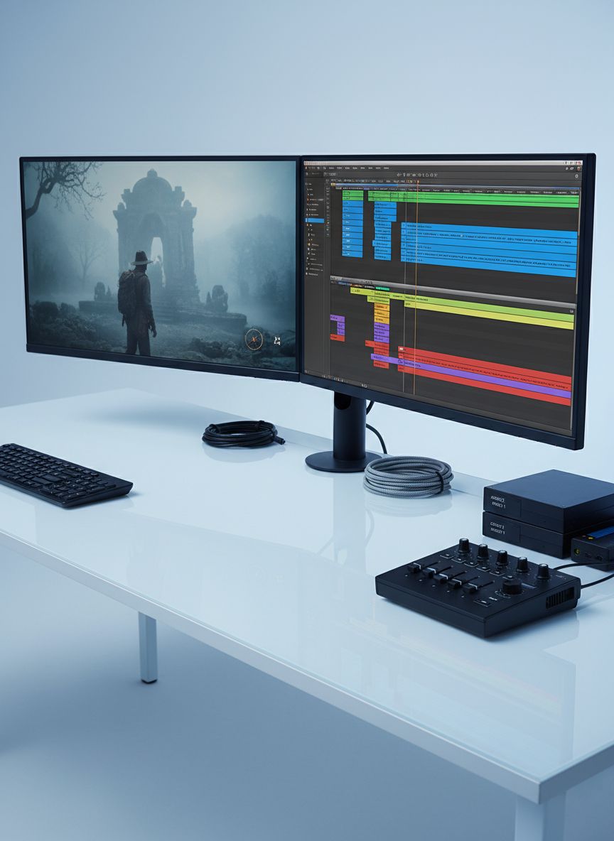 A modern dual-monitor editing setup displays a paused documentary scene on one screen and an intricate video timeline on the other, with layered audio tracks and colored markers. The monitors sit on a minimalist white desk, accompanied by a compact control surface, labeled external hard drives, and neatly coiled cables. Cool, even studio lighting illuminates the workspace, with a slight glow from the screens reflecting on the desk’s smooth surface. The atmosphere is analytical and creative, emphasizing precision in video and audio production. Photographic realism, captured from a slightly elevated three-quarter angle, with balanced composition and moderate depth of field to keep all professional tools clearly visible and legible.
