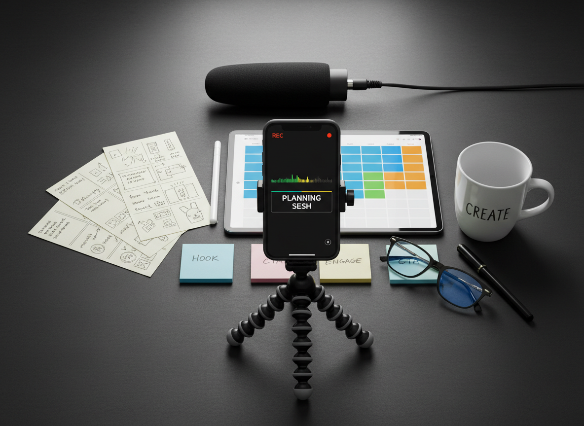 A vertical smartphone mounted on a compact tripod records a social media video, its screen showing a live recording interface with audio levels and captions. Behind it, a tidy flat-lay arrangement of content creation tools covers a dark, matte background: storyboard cards with handwritten notes, a tablet displaying a content calendar, an external microphone, and color-coded sticky notes. Soft overhead diffused lighting eliminates harsh shadows, creating a clean, contemporary aesthetic. The mood is strategic and creative, emphasizing digital content planning. Photographic realism, captured from a slightly elevated top-down angle, with sharp focus across the entire frame to highlight each carefully placed object related to social media communication and production.